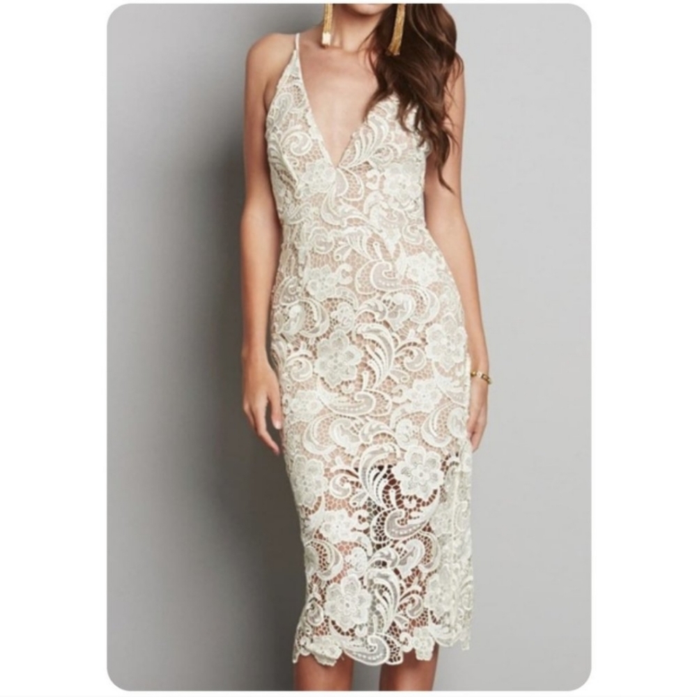 DRESS THE POPULATION Marie Lace Midi Dress Cream Large